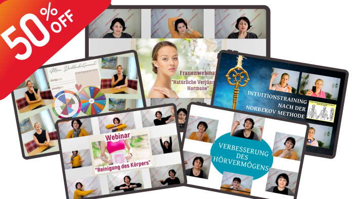 Collage von Online-Intensivkursen zu den Themen Reinigung und Intuition nach der Norbekov-Methode mit einem 50% OFF Banner.