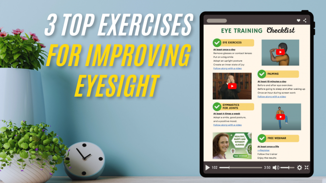 A digital eye training checklist on a tablet with the English heading '3 TOP EXERCISES FOR IMPROVING EYESIGHT', placed next to decorative houseplants and a small clock on a table.